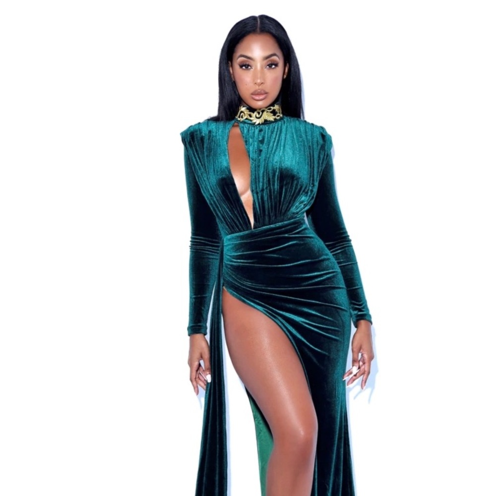 Emerald Green Cutout High Slit Velvet Gown